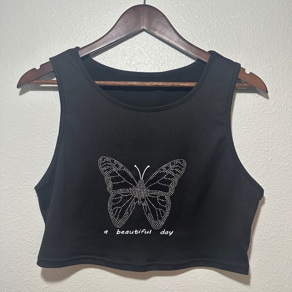 SHEIN CURVE Tops - Shein Curve Black Butterfly Rhinestone Crop Top Sleeveless Graphic Tee 0XL